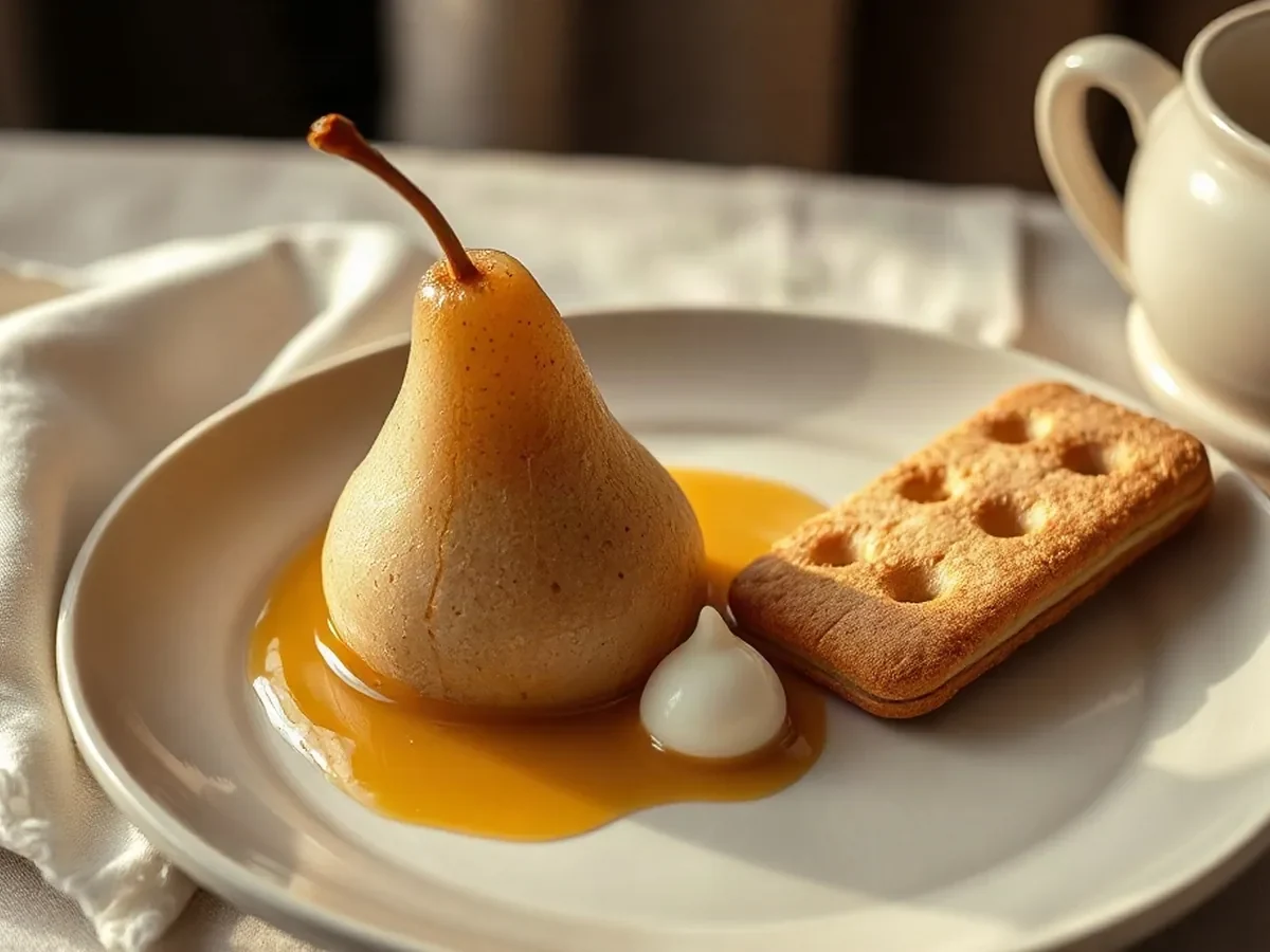 Poire pochée, crème légère et biscuit aux noisettes, illustration éditoriale