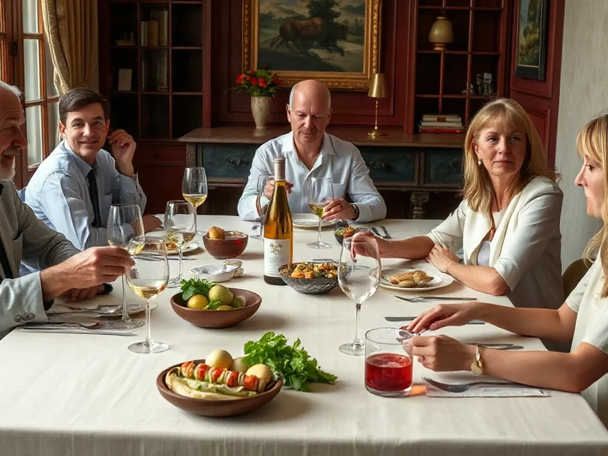 Convives adultes partageant un repas, illustration éditoriale