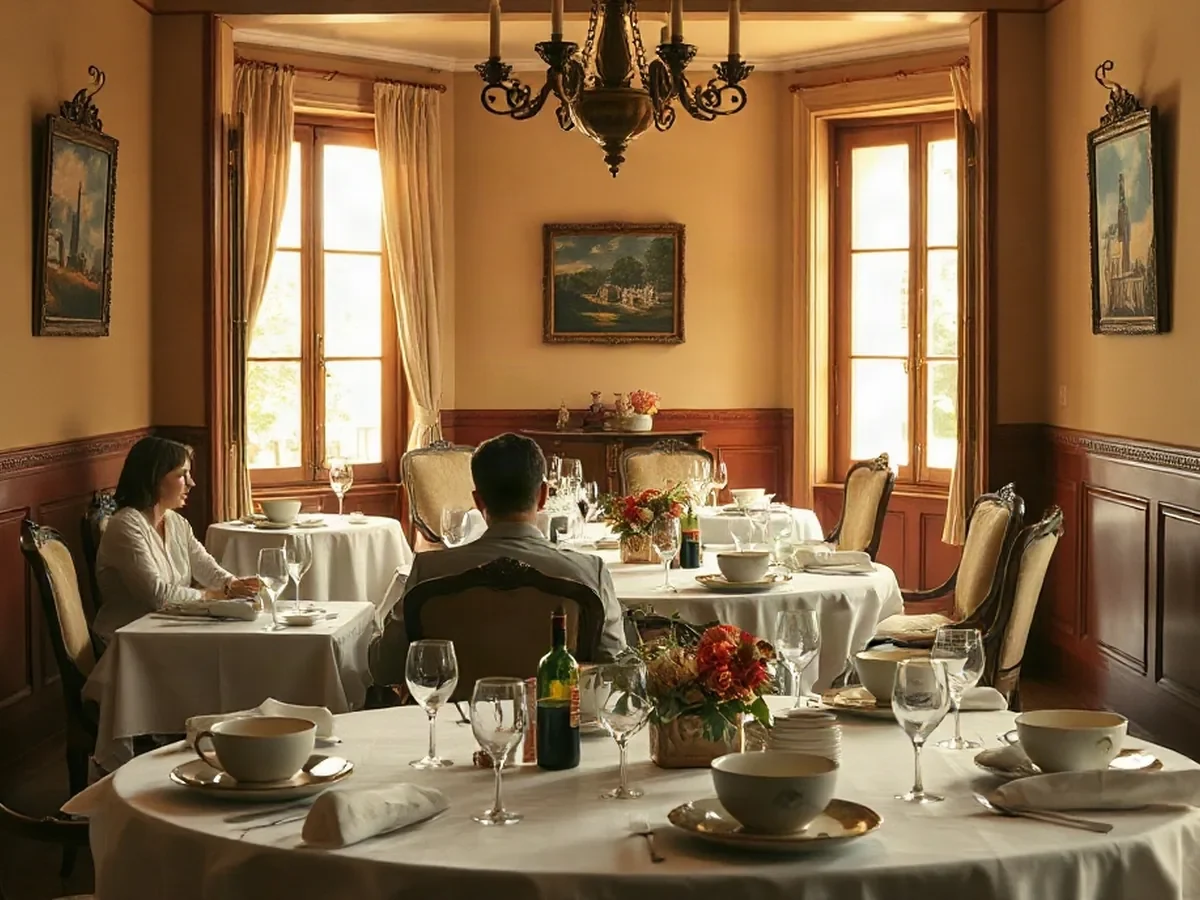 Salle de repas aux matières crème et lie-de-vin, illustration éditoriale